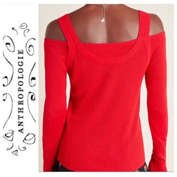 Cherry Red Ribbed Cold Shoulder Sweater - Picture 2 of 8